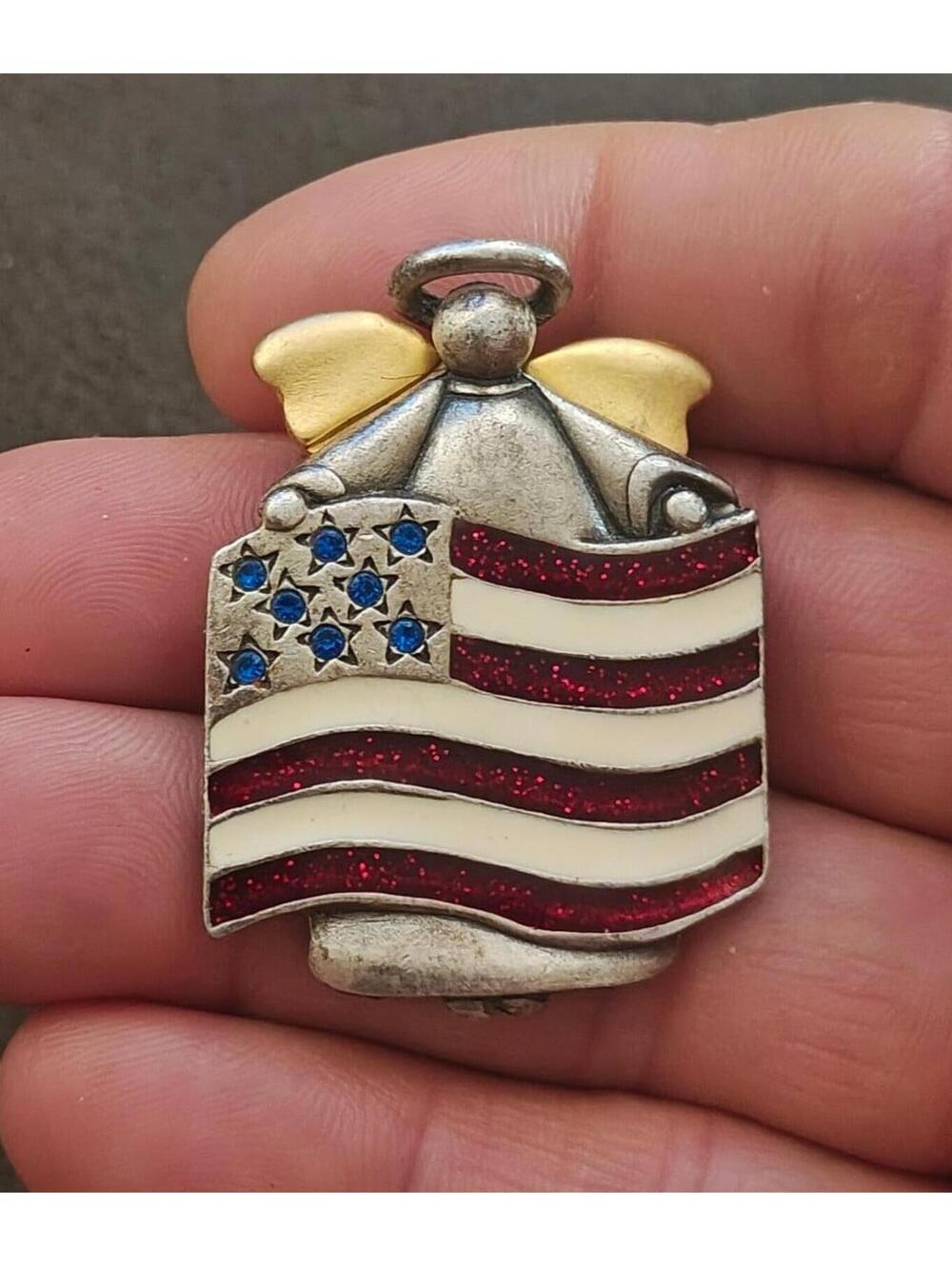 1980s Signed AJMC Fine Pewter Patriotic American Flag Angel Brooch